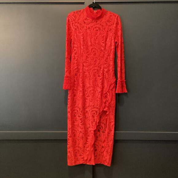 Alexis Red Fala Lace Sheath long sleeve cocktail formal Midi dress L - Picture 3 of 11